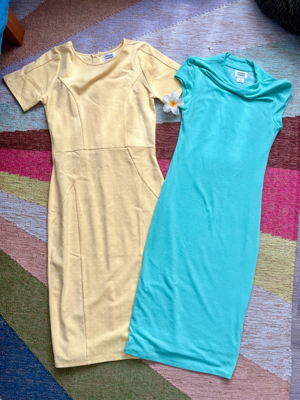 Pair of Unique Vintage Pencil Dresses Yellow/White Polka Dot & Buttery Soft Mint